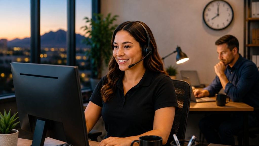 After-hours answering service handling a late-night business call