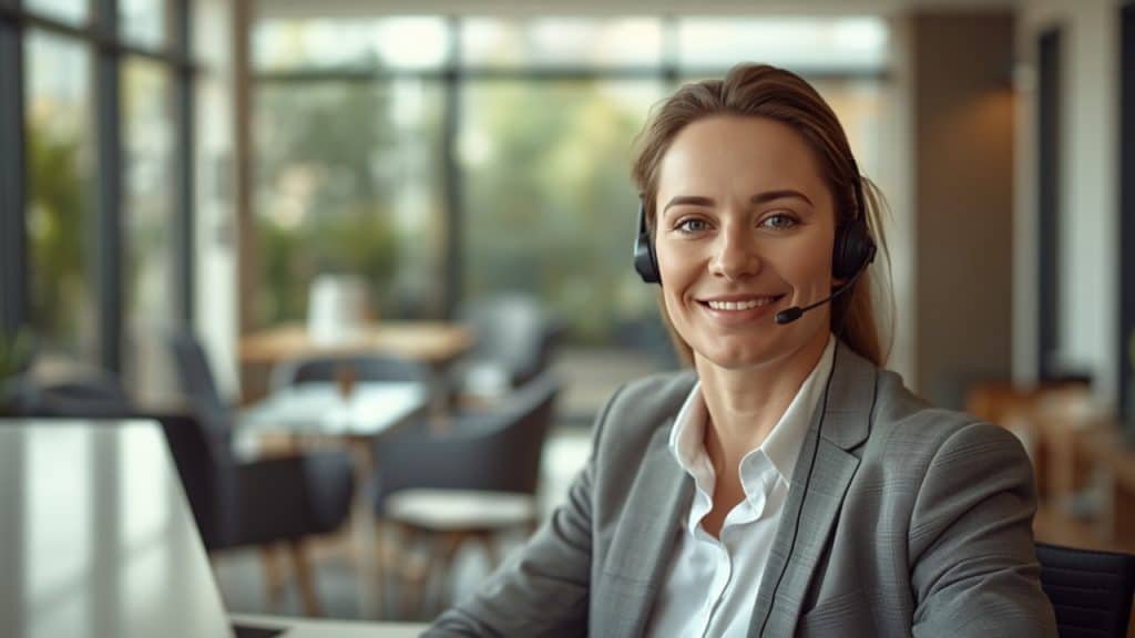 Property management answering service representative at a leasing office