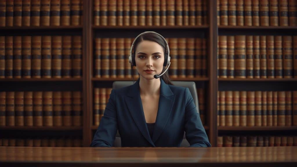 Legal answering service receptionist at a law firm reception desk