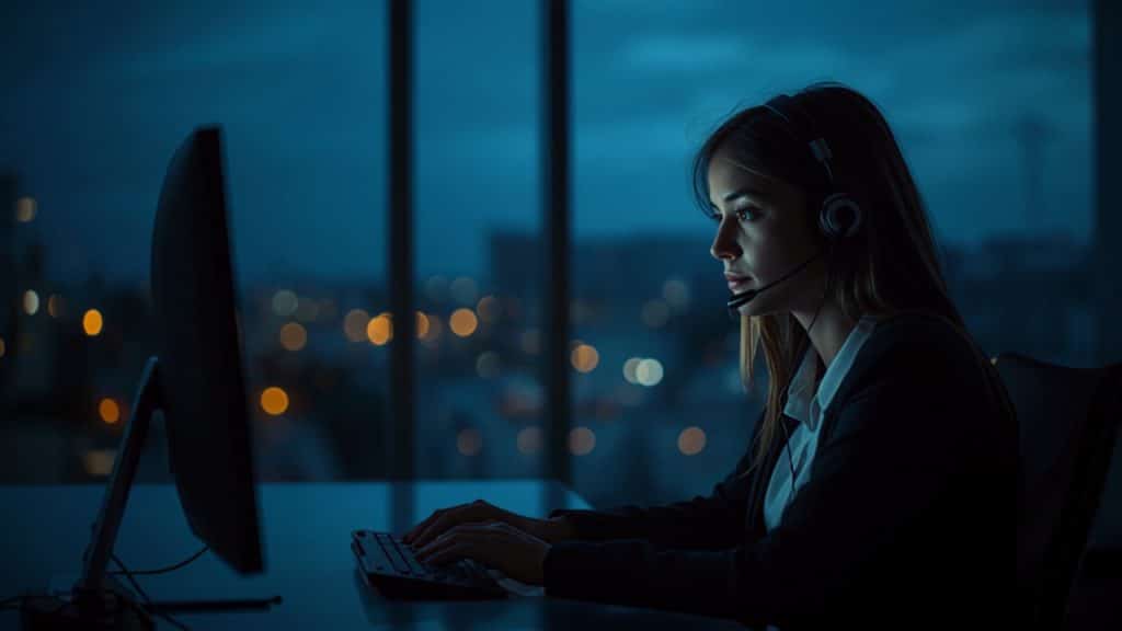 24/7 call center receptionist with a headset working in the evening