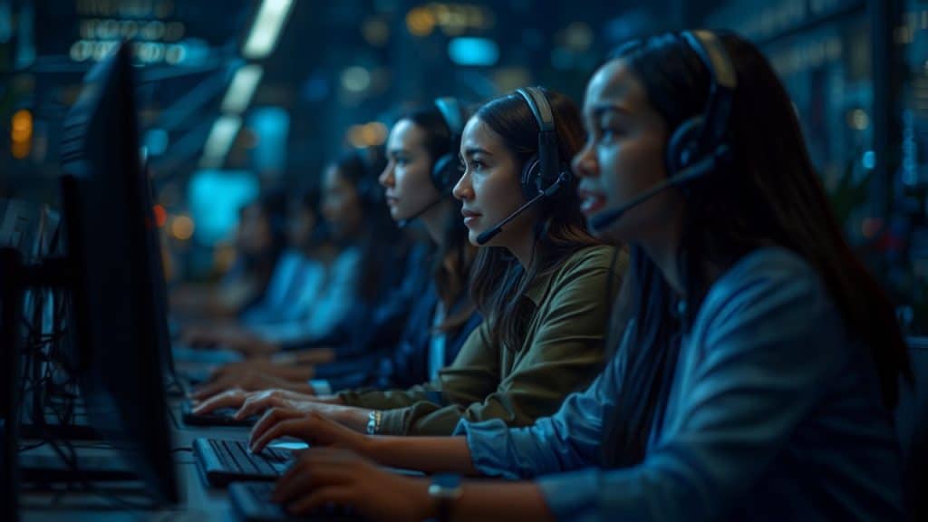 After-hours answering service team taking calls during evening hours