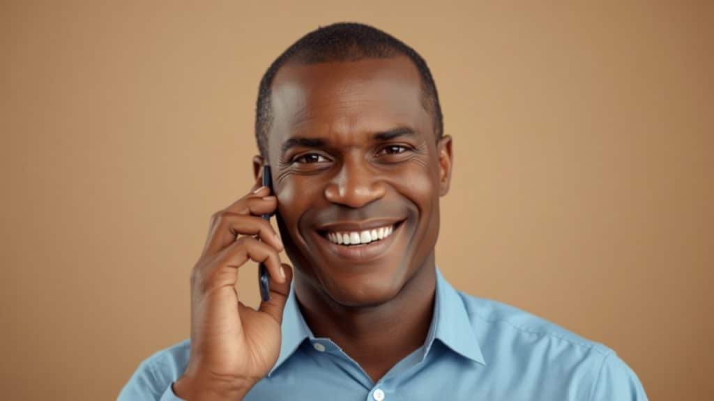 Happy customer talking on a smartphone after a positive service experience — virtual receptionists