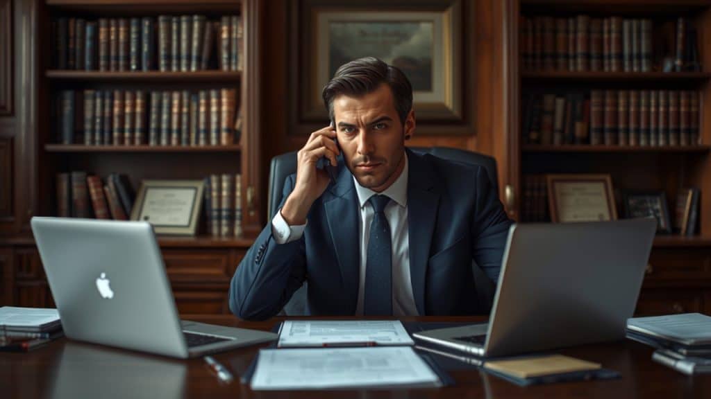 Attorney taking a client phone call at a busy law firm — legal answering services