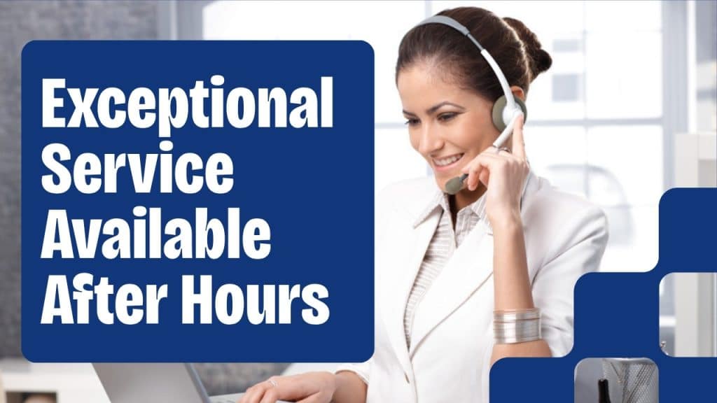 Receptionist answering an after-hours call in a softly lit office