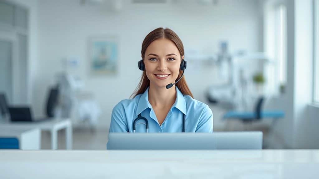 Medical answering service receptionist wearing a headset at a clinic front desk