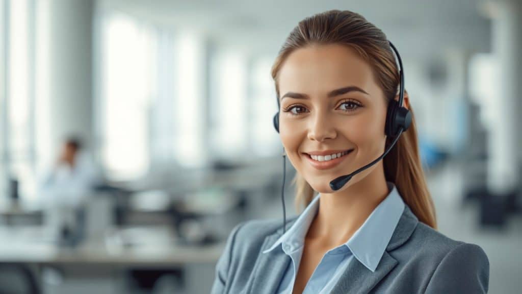 Live answering service receptionist with a headset answering a call at a modern office