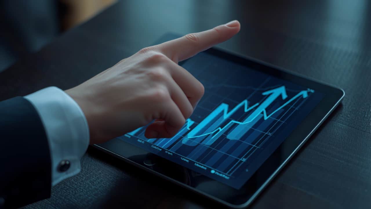 Hand pointing at an upward growth chart on a tablet — answering service roi
