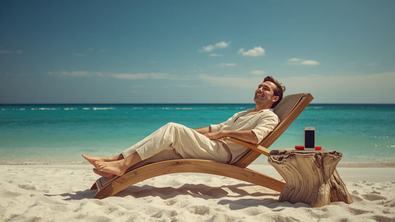 Business Owner Relaxing on Beach Business owner relaxing on a beach with vacation call coverage