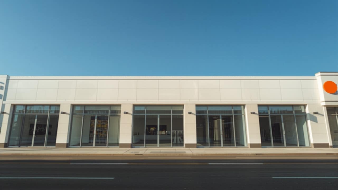 Row of identical franchise storefronts on a sunny street — franchise call answering