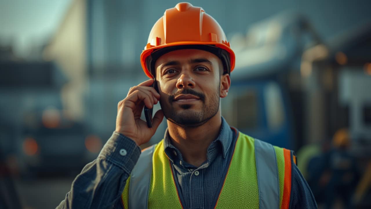 Construction Worker on Phone Call Construction worker on a phone call, showing contractor answering service benefits