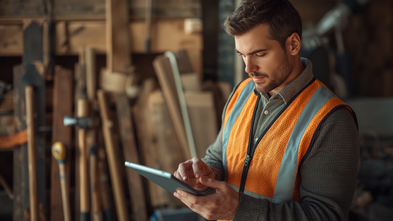 Contractor reviewing a work schedule on a tablet at a job site — contractor answering service benefits