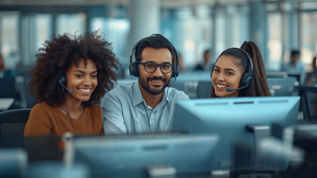Diverse team of receptionists collaborating in a call center — bilingual answering services