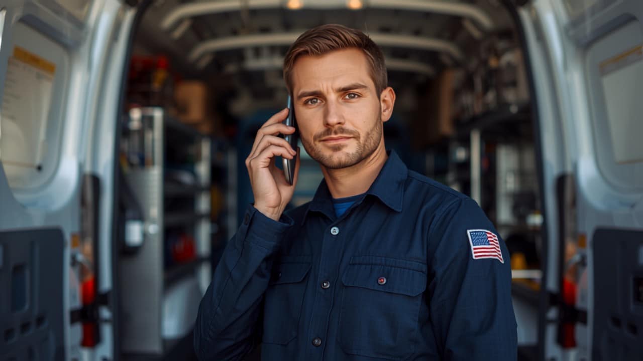 Emergency Technician on Call Emergency technician on call, illustrating plumbing emergency call answering