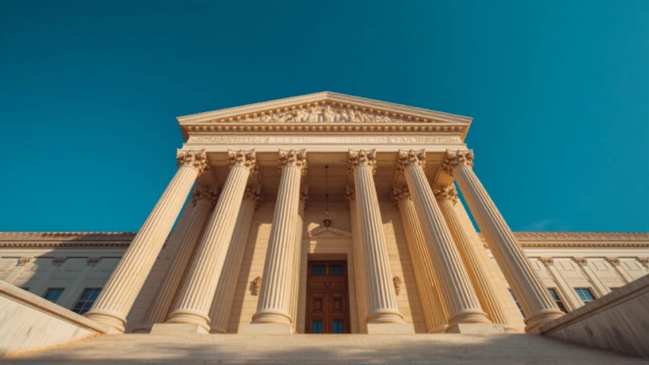 Government building with classical columns under a blue sky — government answering services