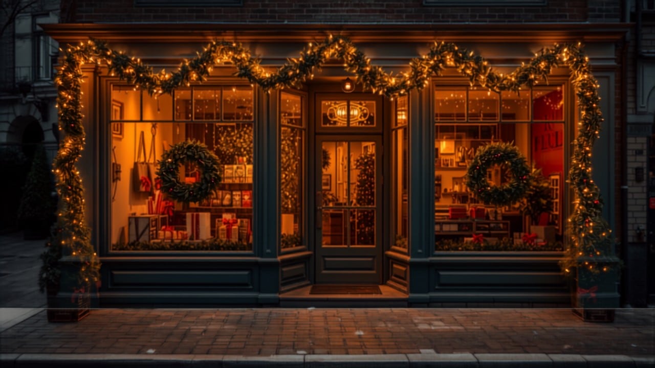 Cozy small business storefront decorated for the holidays in the evening — holiday call coverage