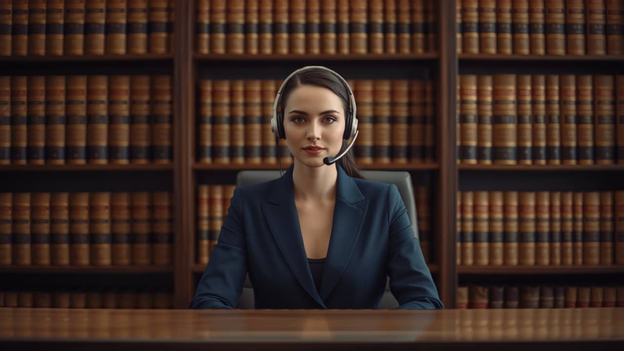 Legal Office Receptionist Legal answering services receptionist at a law office with law books