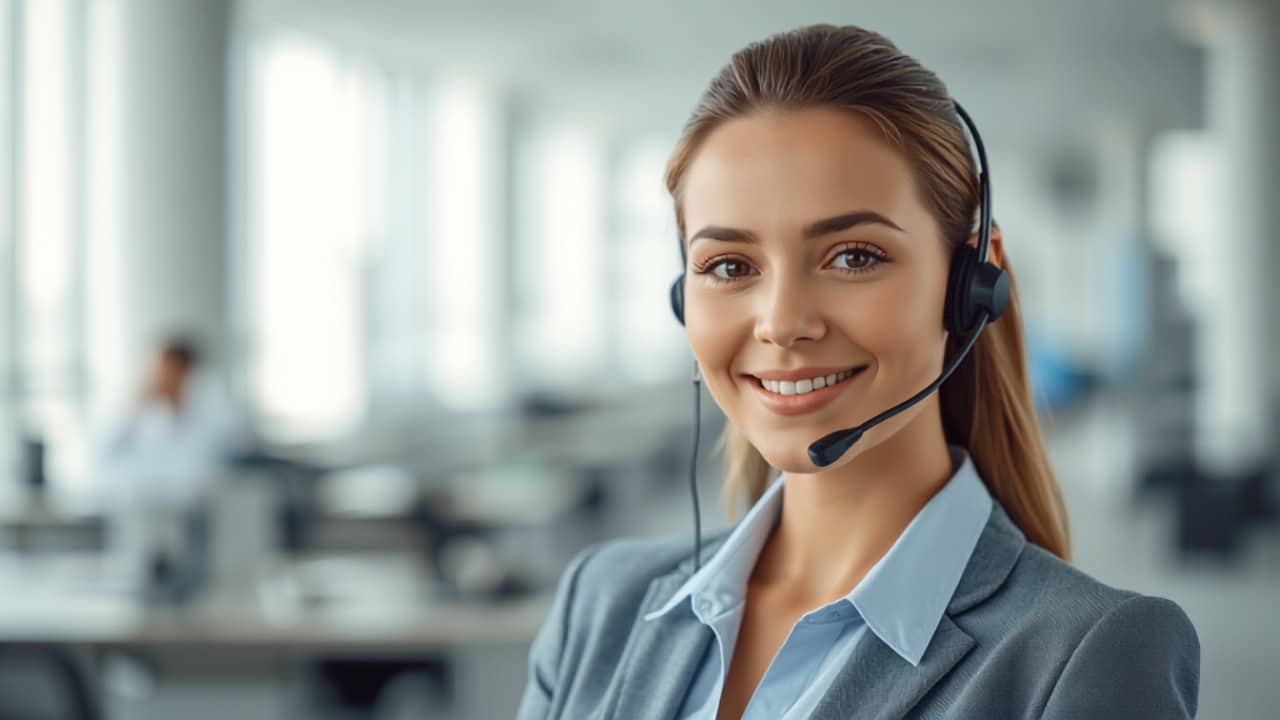 Receptionist with Headset Receptionist with a headset providing live answering services