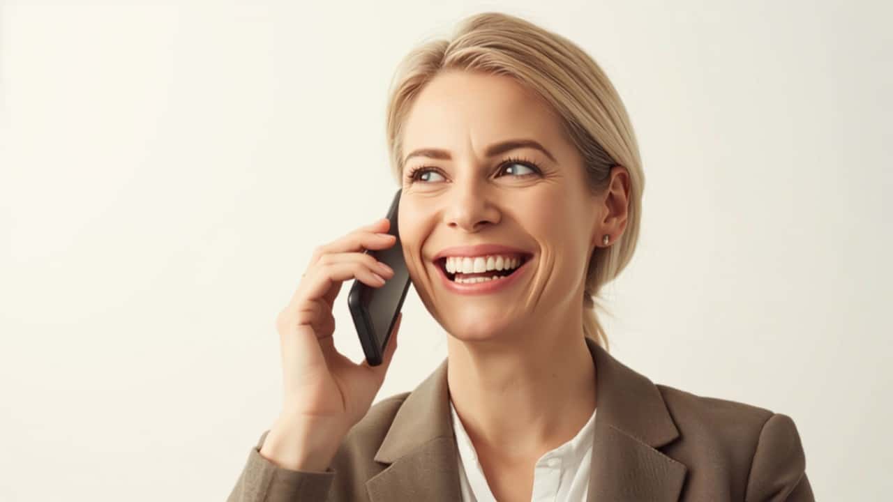Happy customer smiling during a phone conversation