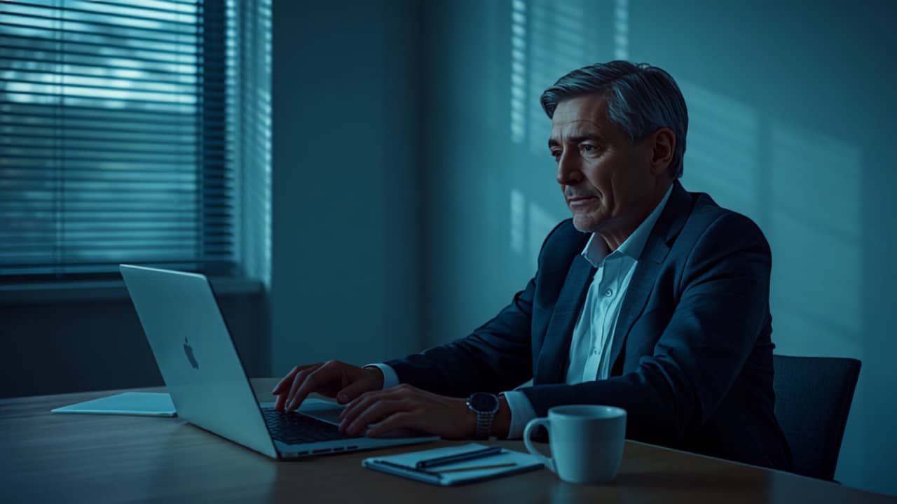 Business Owner Working Late Business owner researching choosing the right answering service