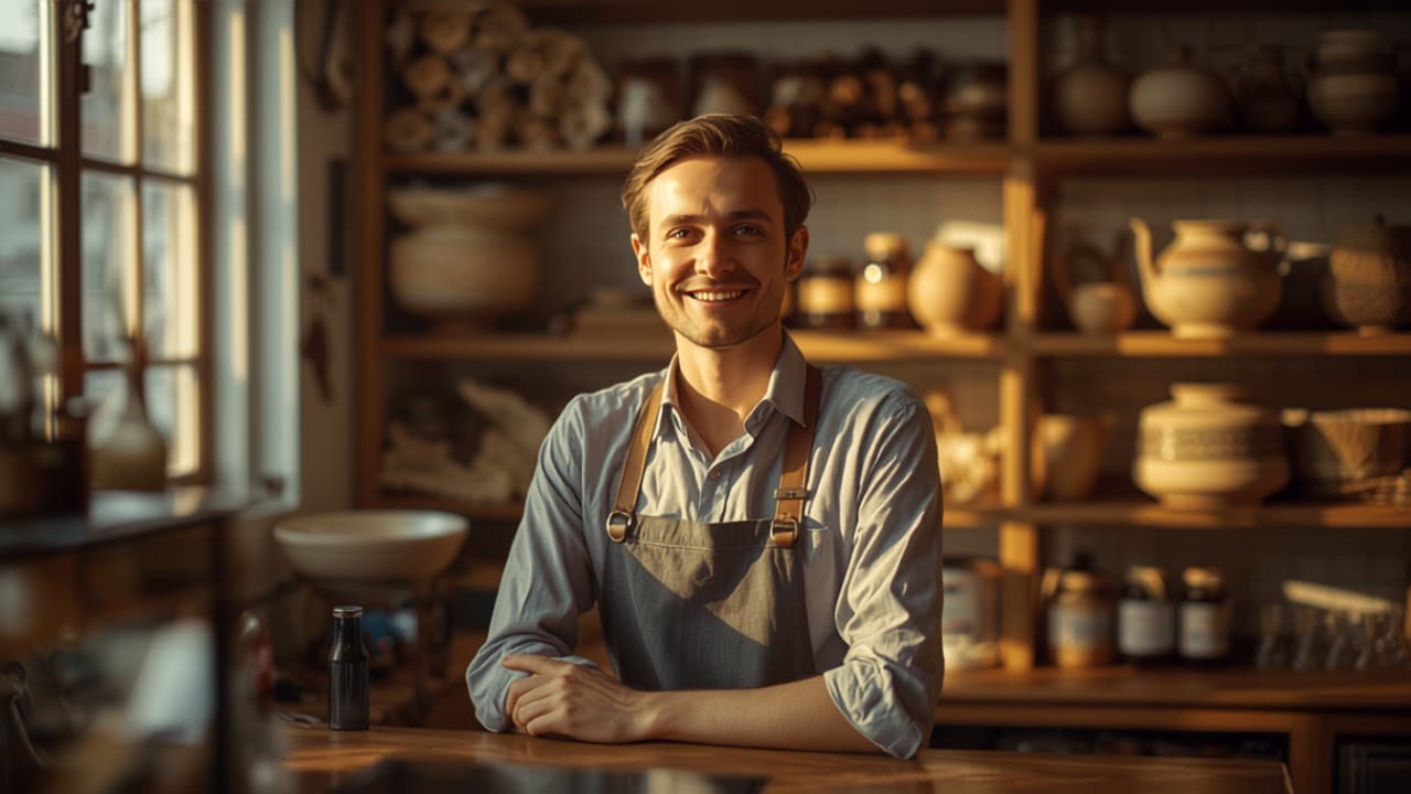 Confident small business owner working at their shop counter